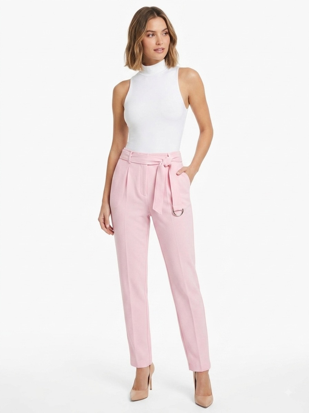 Bar III Women’s Pink Dress Pants Size 4 Paperbag Waist Belted Trousers